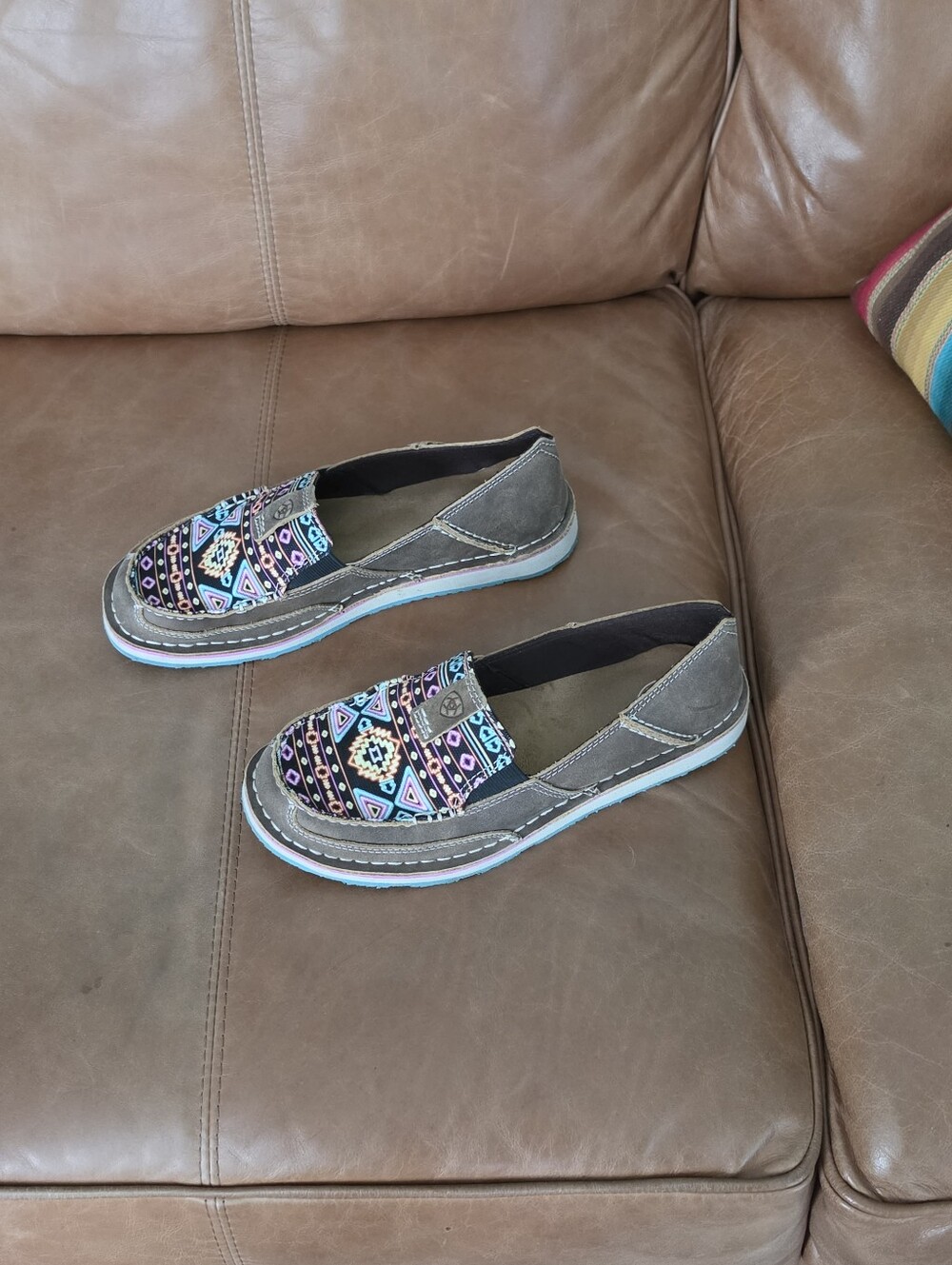 Ariat Brown Moccasin Loafers with Multicolor Aztec Print - Picture 3 of 7